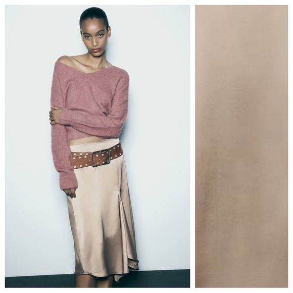 NWT. Zara Beige-Pink Satin A-Line Silhouette High Waist Midi Skirt Size M. - Picture 2 of 12